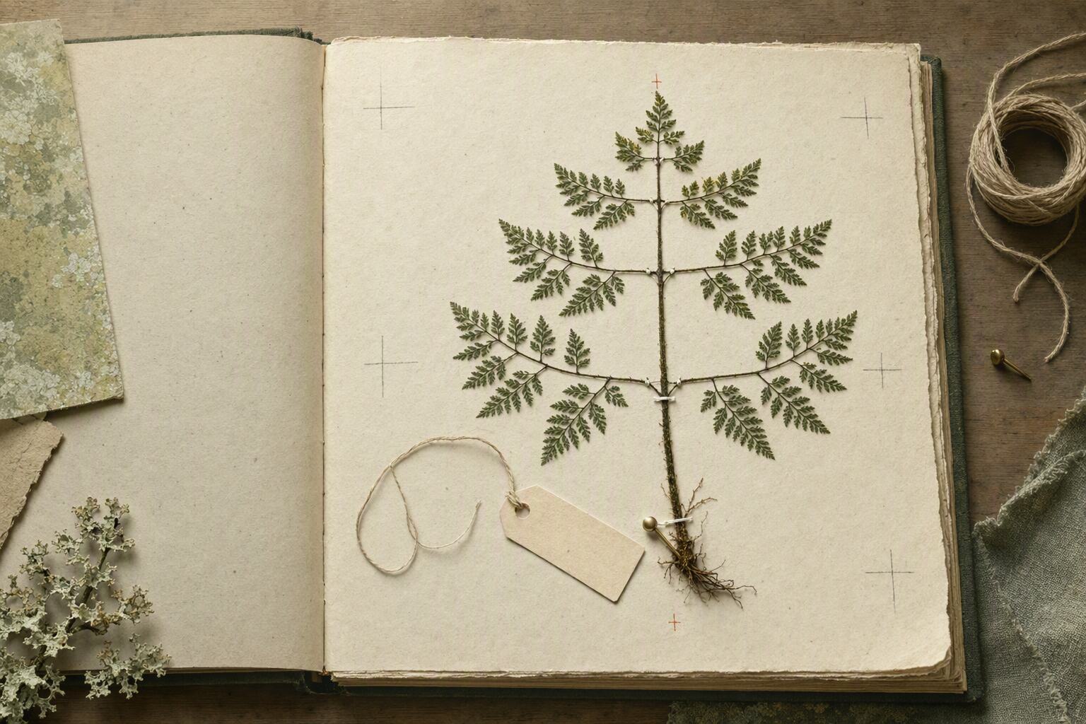 A pressed fern arranged like a branching command tree on an open botanical field guide
